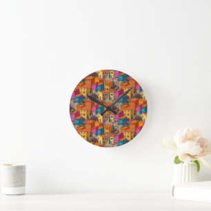 Mediterranean Streets — Colorful Houses Pattern Round Clock