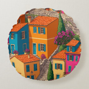 Mediterranean Streets — Colorful Houses Pattern Round Cushion