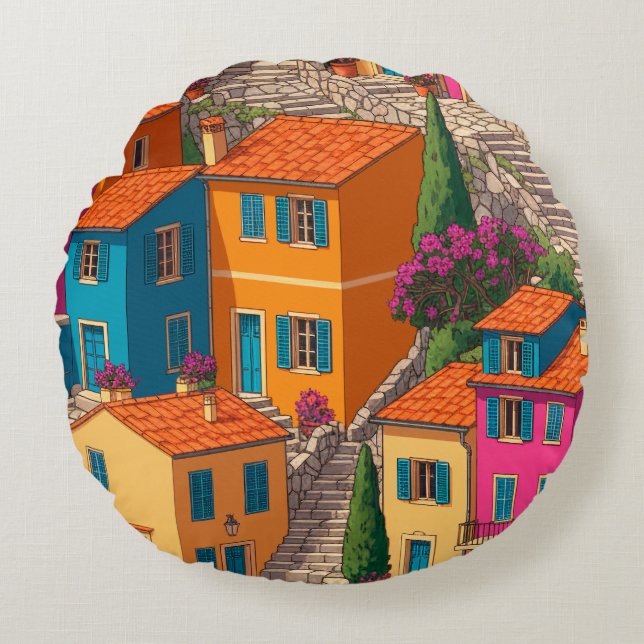Mediterranean Streets — Colorful Houses Pattern Round Cushion (Front)