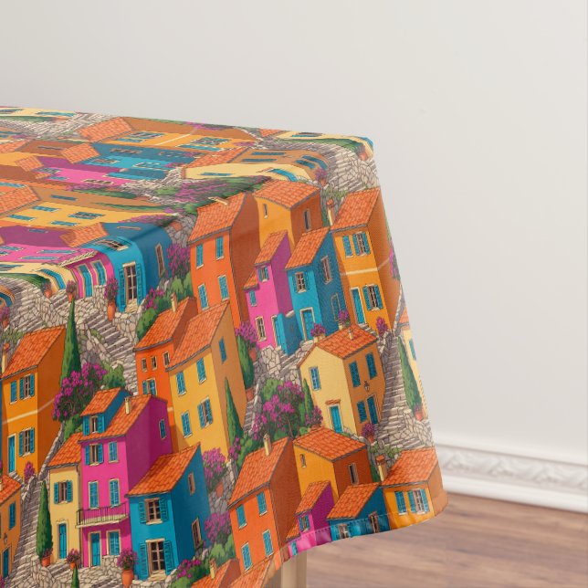Mediterranean Streets — Colorful Houses Pattern Tablecloth (In Situ)