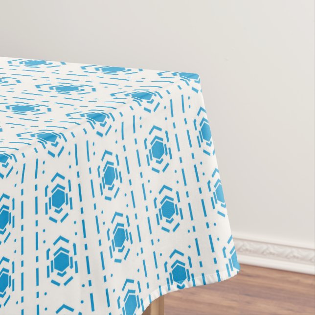 Mediterranean Style Blue & Ecru Pattern Print Tablecloth (In Situ)