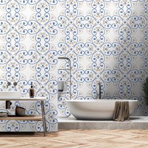 Mediterranean style blue floral wallpaper