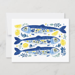 Mediterranean Summer Blue and Yellow Sardines Postcard