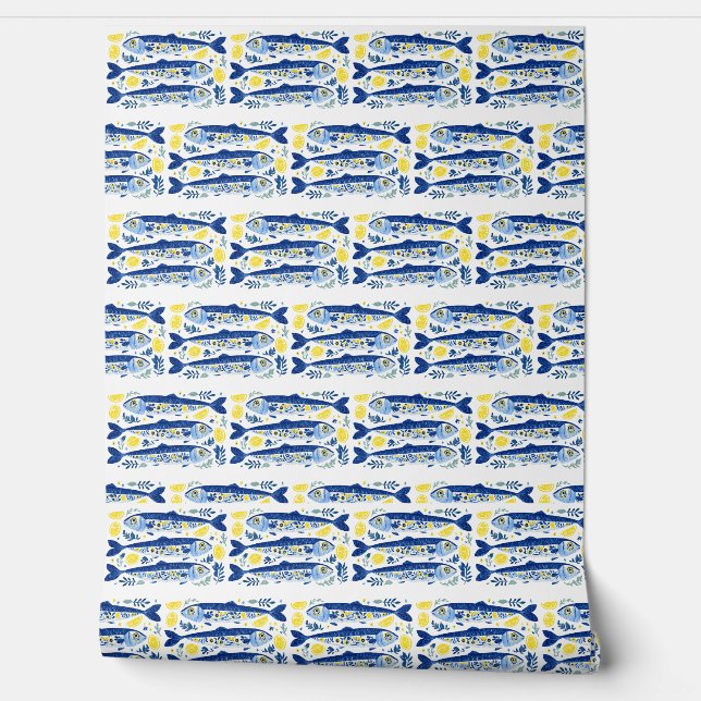 Mediterranean Summer Blue and Yellow Sardines Wallpaper (Unrolling)
