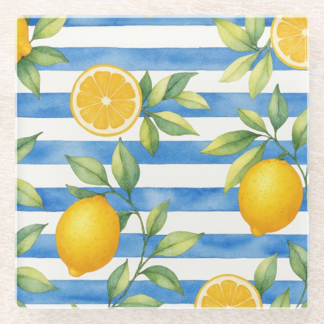Mediterranean Summer Citrus Kitchen Decor Glass Coaster (Front)
