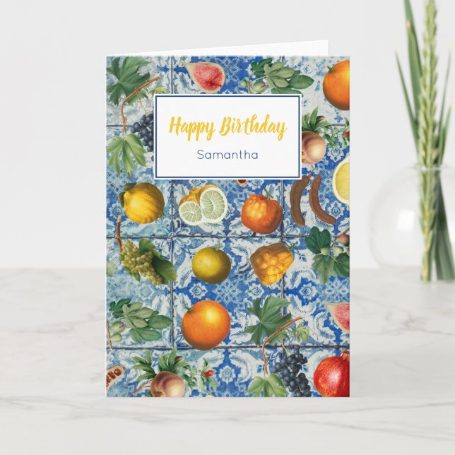 Mediterranean Summer Fruit Blue Mosaic Birthday Card (Front)