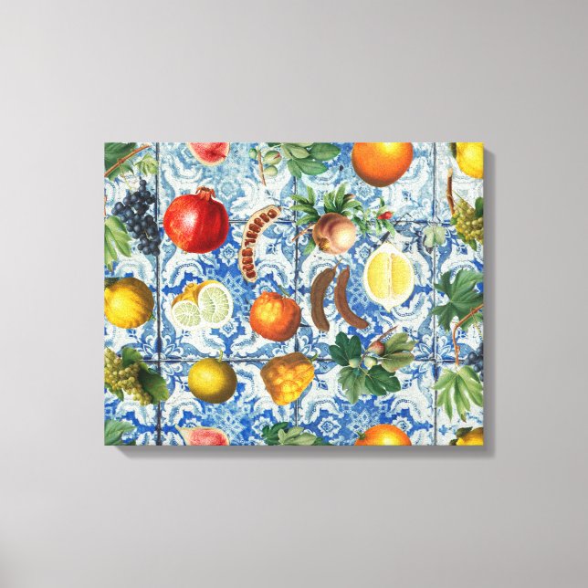 Mediterranean Summer Fruit & Blue White Mosaic Canvas Print (Front)