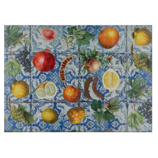 Mediterranean Summer Fruit & Blue White Mosaic Cutting Board (Front)