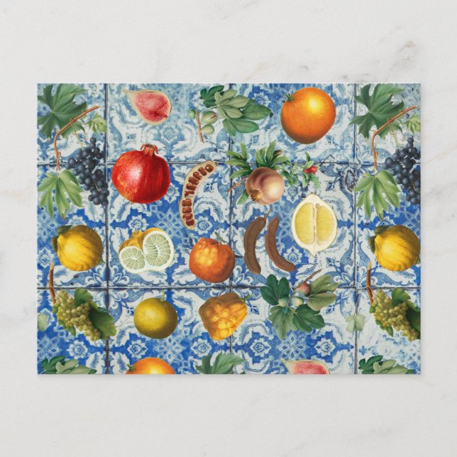 Mediterranean Summer Fruit & Blue White Mosaic Holiday Postcard (Front)