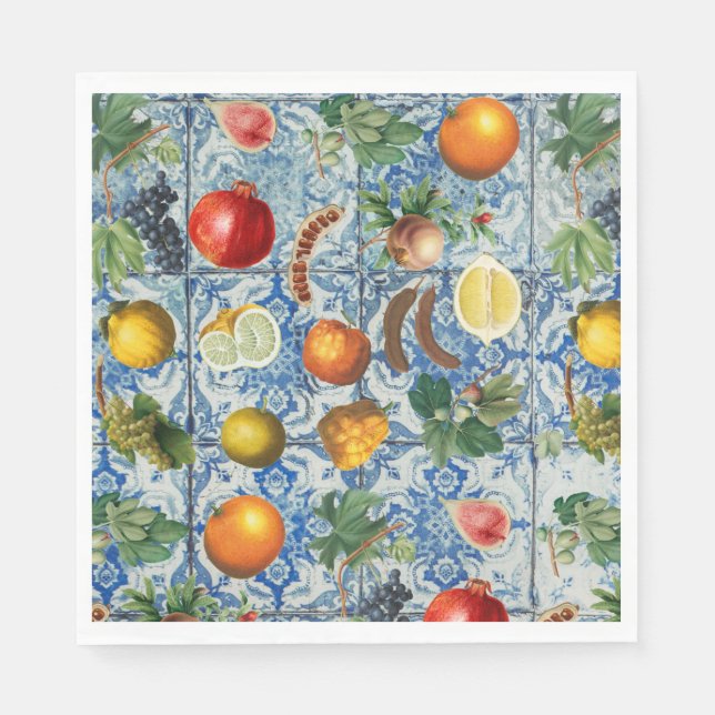 Mediterranean Summer Fruit & Blue White Mosaic Napkin (Front)