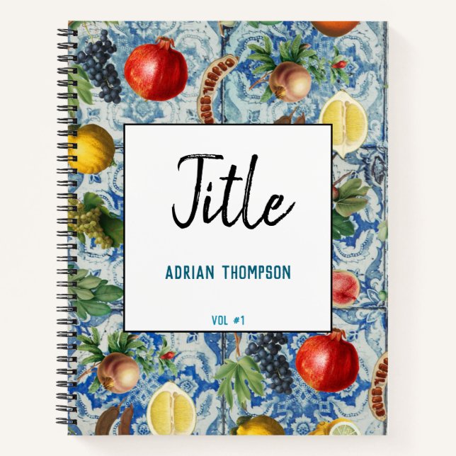Mediterranean Summer Fruit & Blue White Mosaic Notebook (Front)