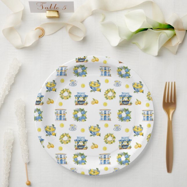 Mediterranean Summer Lemon Pattern  Paper Plate (Wedding)