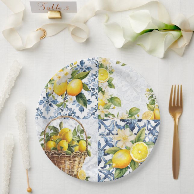 Mediterranean Summer Lemon Pattern  Paper Plate (Wedding)