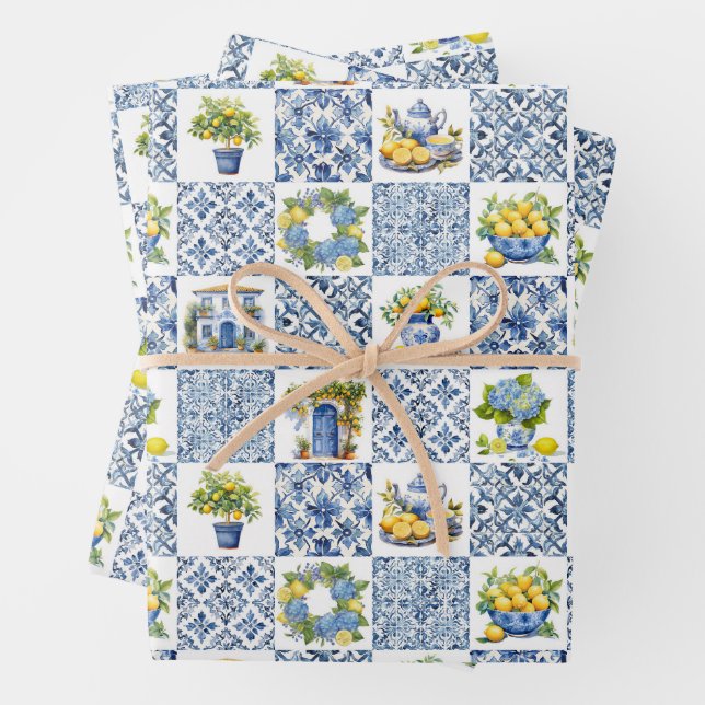 Mediterranean Summer Lemon Pattern  Wrapping Paper Sheet (In situ)