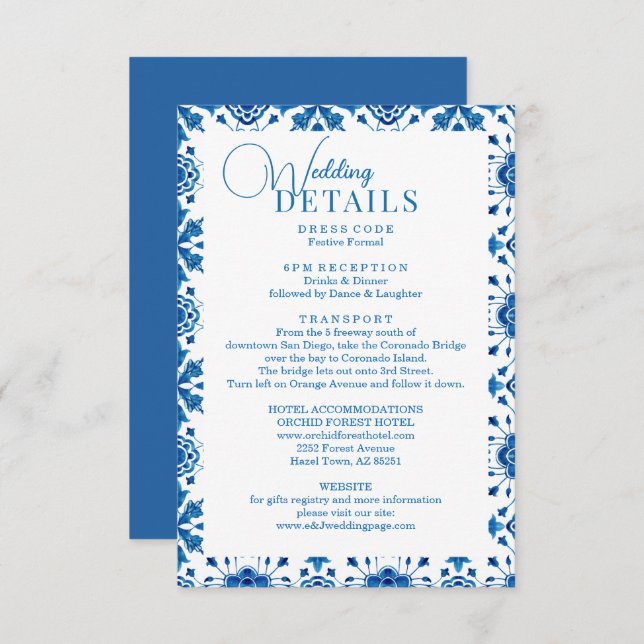 Mediterranean summer modern blue mosaic Wedding Enclosure Card (Front/Back)