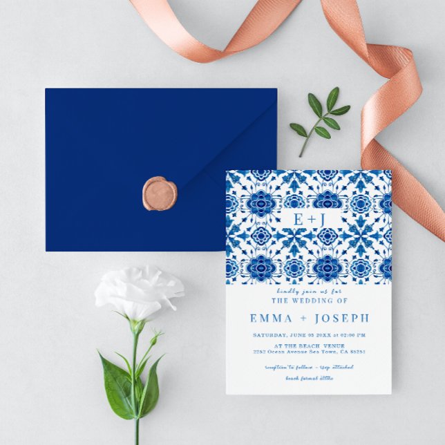 Mediterranean summer modern blue mosaic Wedding Invitation (Creator Uploaded)