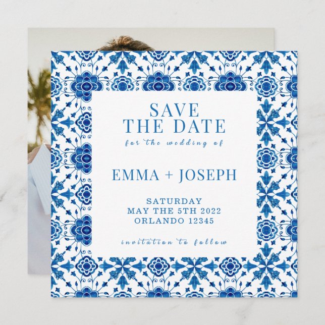 Mediterranean summer modern blue "Save the Date" Invitation (Front/Back)