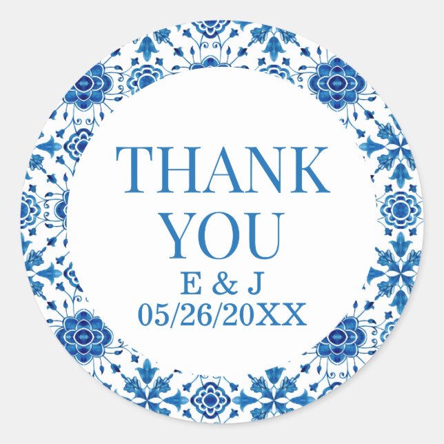 Mediterranean summer modern blue Wedding Classic Round Sticker (Front)