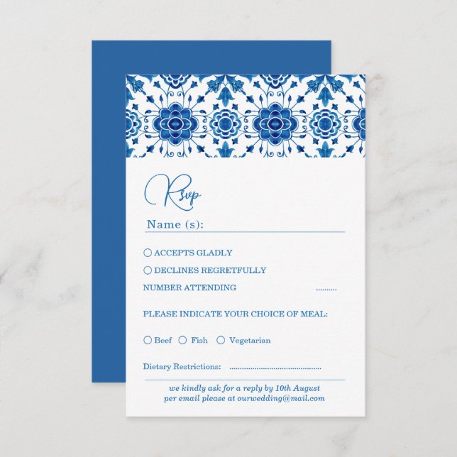 Mediterranean summer modern blue Wedding Rsvp Card (Front/Back)