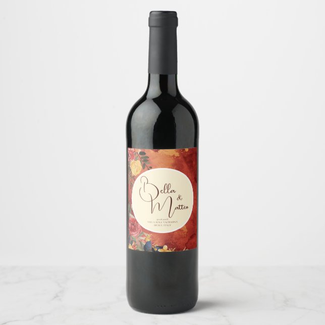 Mediterranean Sun Boho Terracotta Floral Wedding Wine Label (Front)