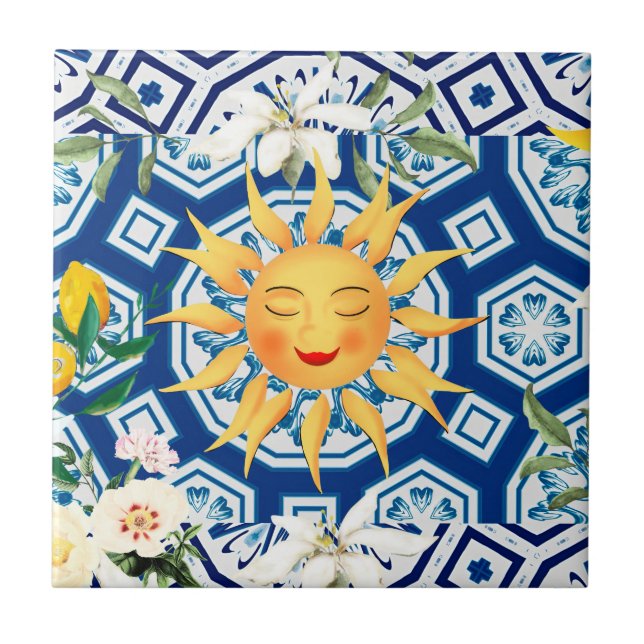 Mediterranean sun,flowers,half moon, tile (Front)