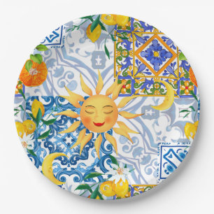 Mediterranean sun,flowers,lemon,half moon, paper plate