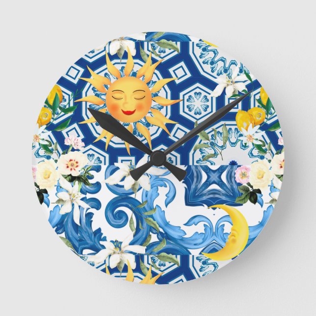 Mediterranean sun,flowers,lemon,half moon, round clock (Front)