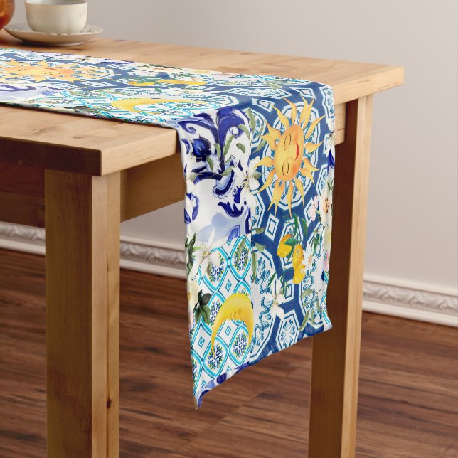 Mediterranean sun,flowers,lemon,half moon, short table runner (In Situ)