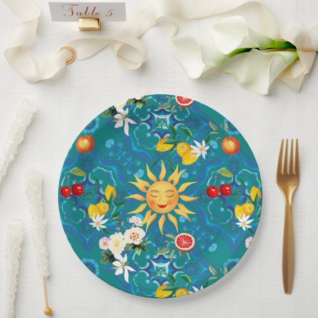 Mediterranean sun,fruits,summer,lemon art, paper plate (Wedding)