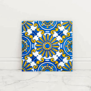 Mediterranean Sunburst Blue and Gold Floral Mosaic Tile