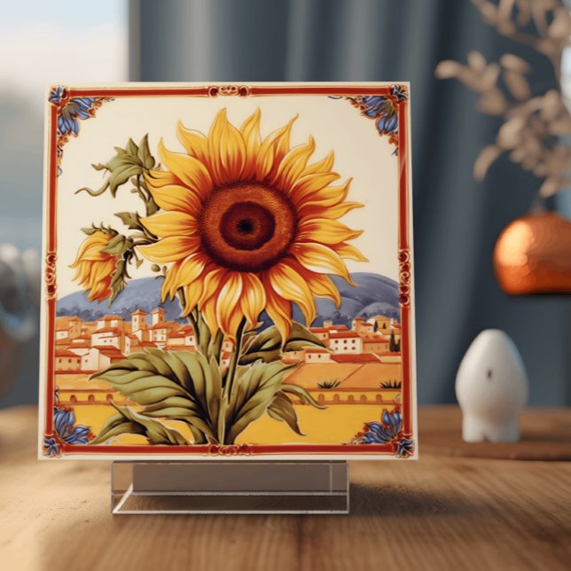 Mediterranean Sunflower Tile (Image depicts a ceramic tile with an illustration of a sunflower in a Mediterranean setting)