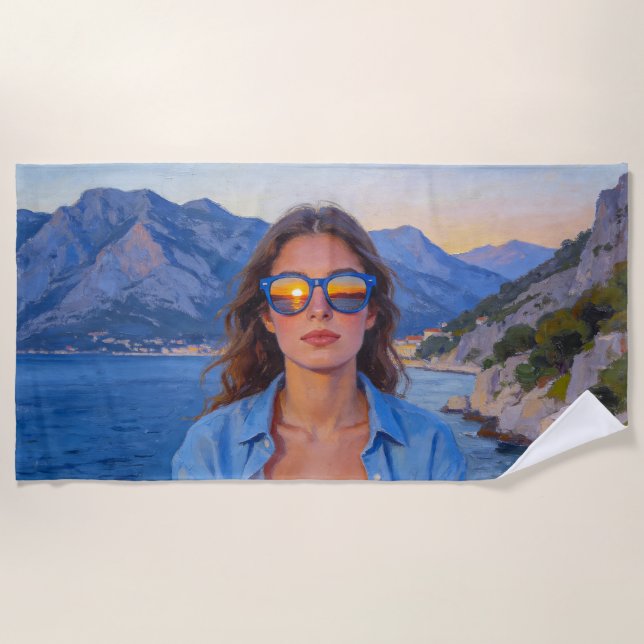 Mediterranean Sunset Reflections – Modern Coastal  Beach Towel (Front)