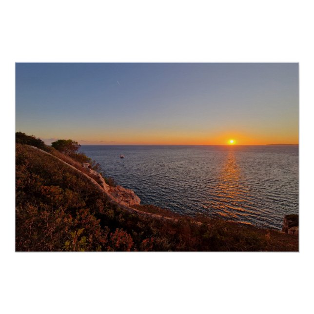 Mediterranean sunset with a boat  poster (Front)