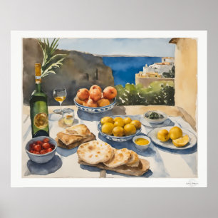 Mediterranean Table Feast Canvas, Coastal Dining Poster