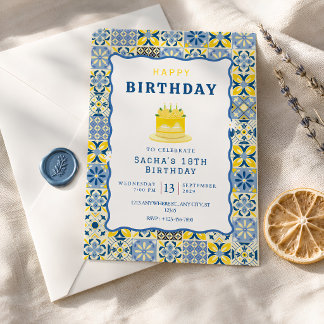 Mediterranean Tile Birthday Blue Yellow Invitation
