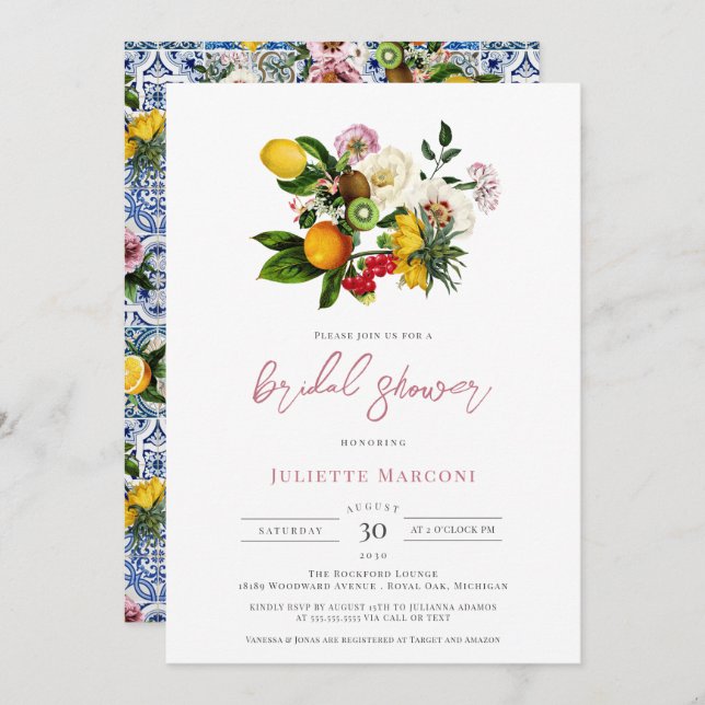 Mediterranean Tile Floral Citrus Bridal Shower Invitation (Front/Back)