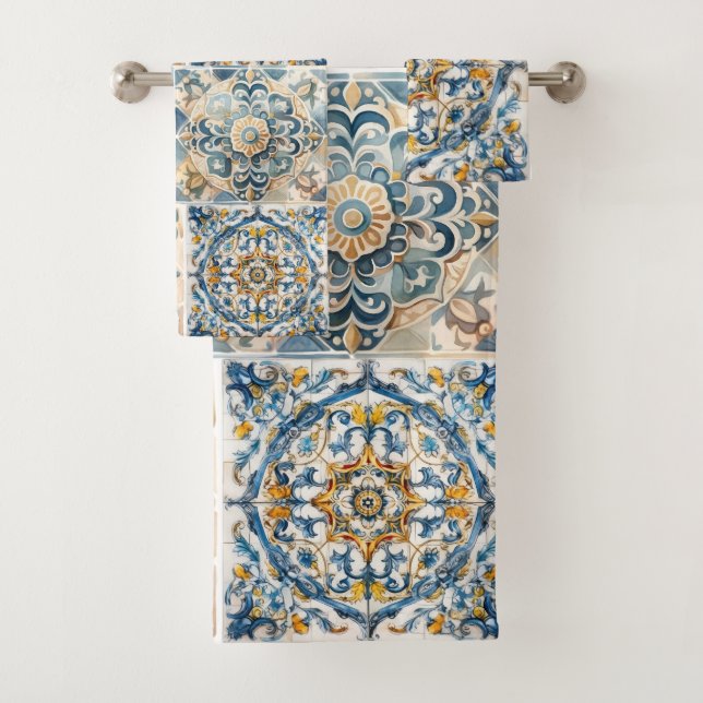 Mediterranean Tile flower Italian Positano Lemon Bath Towel Set (Insitu)