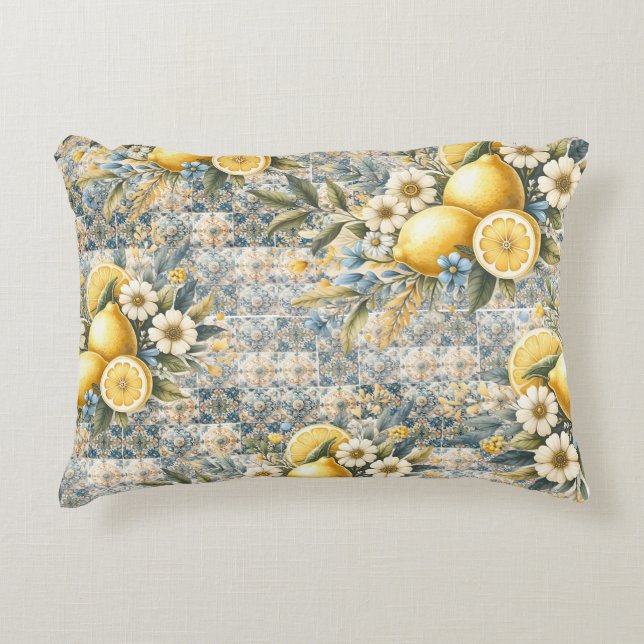 Mediterranean Tile flower Italian Positano Lemon Decorative Cushion (Front)