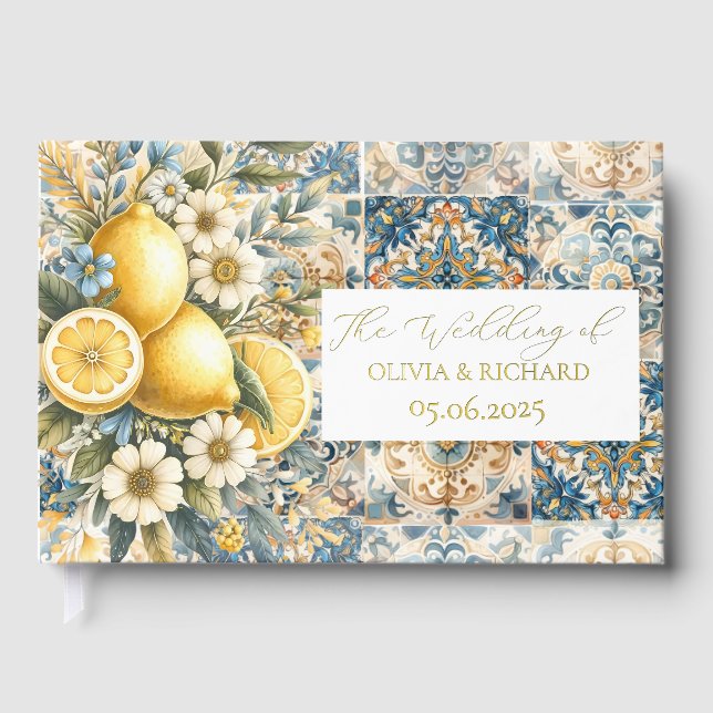 Mediterranean Tile flower Italian Positano Lemon Guest Book (Front)