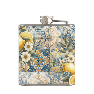 Mediterranean Tile flower Italian Positano Lemon Hip Flask