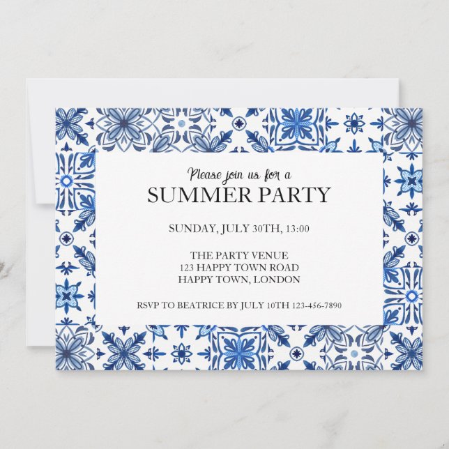 Mediterranean Tile Frame Summer Party Invitation (Front)