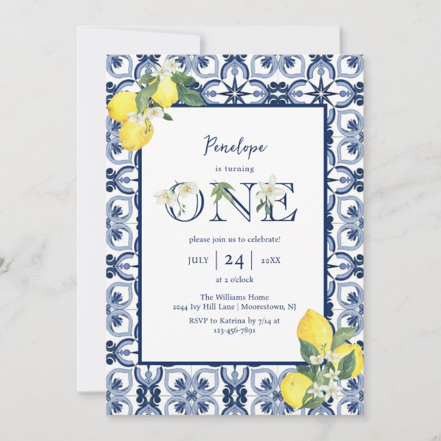 Mediterranean Tile Lemon Baby Girl First Birthday Invitation (Front)