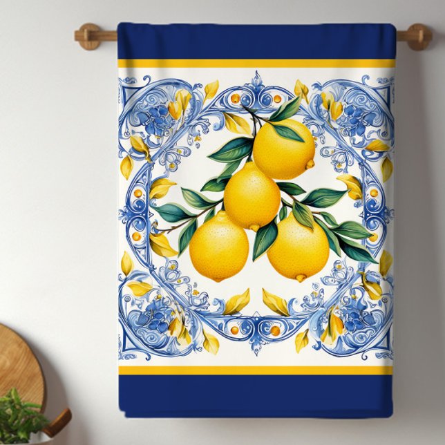Mediterranean Tile Lemon Bouquet Tea Towel (Pretty blue and white lemon Mediterranean tile kitchen towels will brighten any kitchen.)