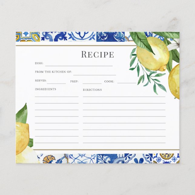 Mediterranean Tile Lemon Bridal Shower Recipe Card (Front)