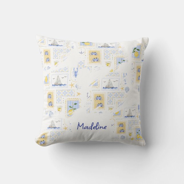 Mediterranean Tile Lemon Coastal Monogram Name Cushion (Front)