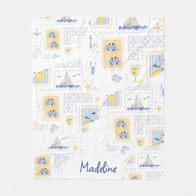 Mediterranean Tile Lemon Coastal Monogram Name Fleece Blanket (Front)
