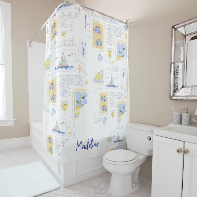 Mediterranean Tile Lemon Coastal Monogram Name Shower Curtain (In Situ)