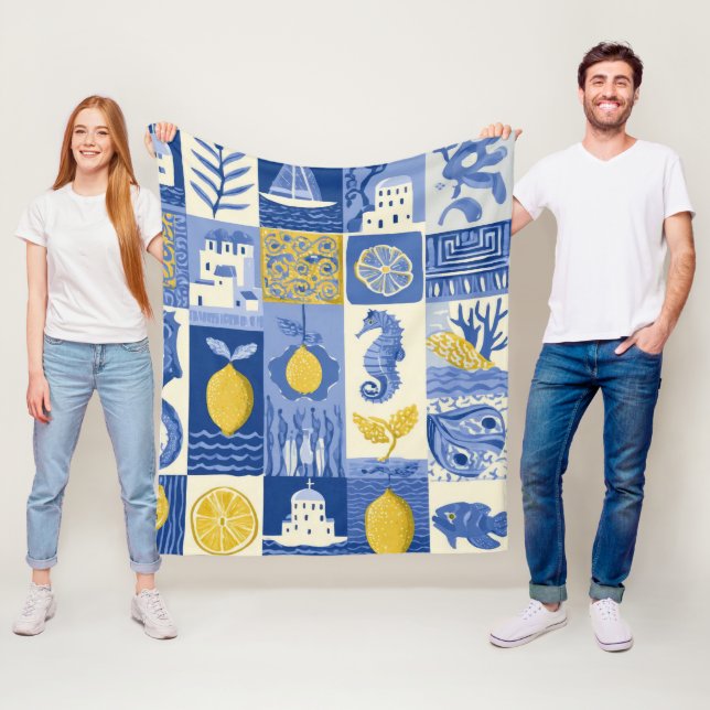 Mediterranean Tile Lemon Coastal Pattern Fleece Blanket (In Situ)