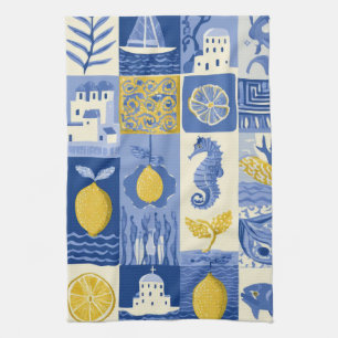 Mediterranean Tile Lemon Coastal Pattern Tea Towel