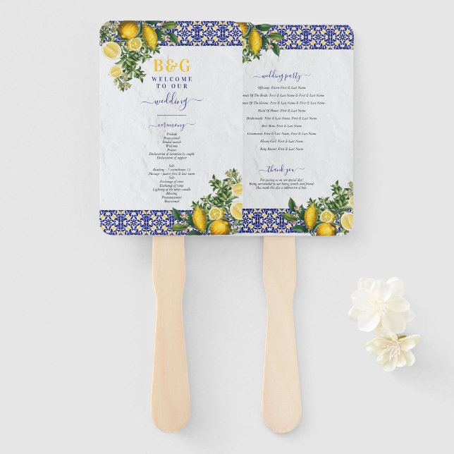 Mediterranean Tile Lemon Wedding Program Hand Fan (Front and Back)